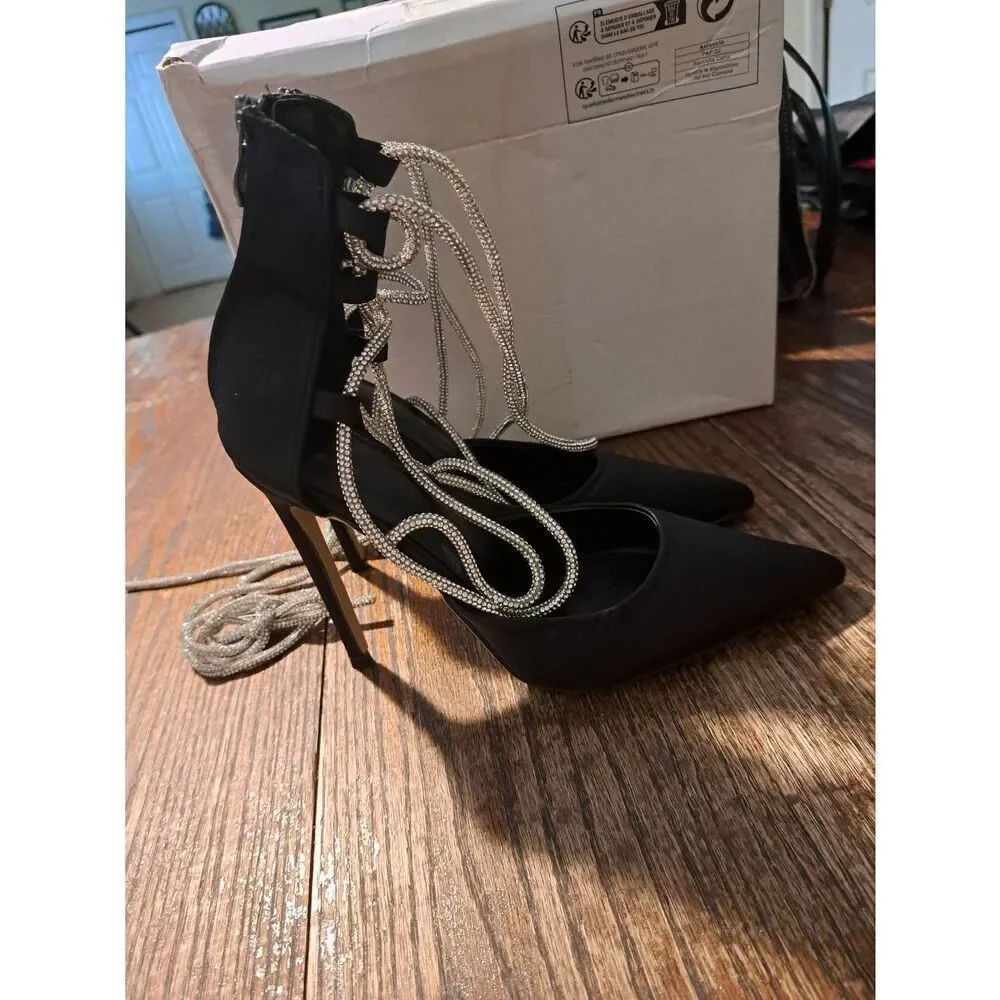 Black Rhinestone Lace-Up Stiletto Heels Rear Zip Satin Look Size 39 Sz 8–8.5